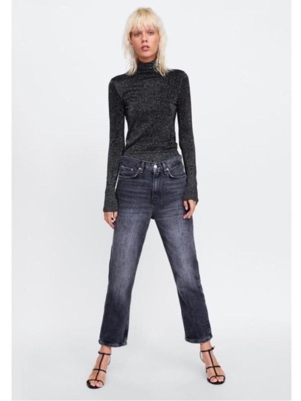 ZARA Black Metallic Waffle Knit Turtleneck Sz M
